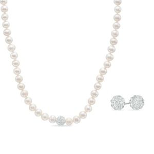 Cultured Freshwater Pearl and Crystal Necklace and Stud Earrings Set